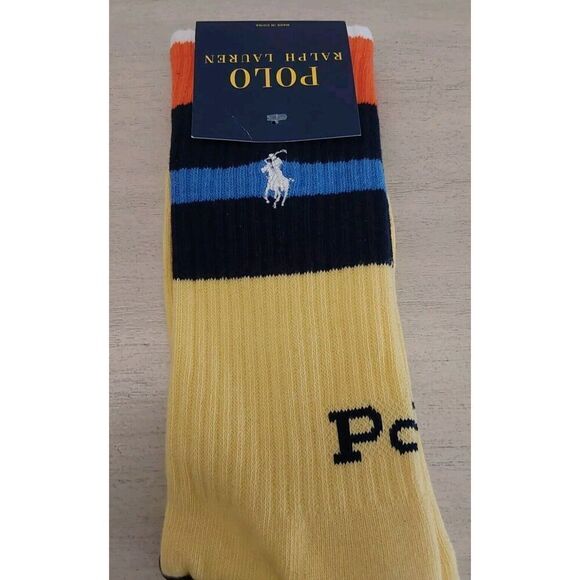 Polo Ralph Lauren Mens Cotton Crew Socks Signature Yellow Navy Striped Sz 10-13 - Picture 6 of 9